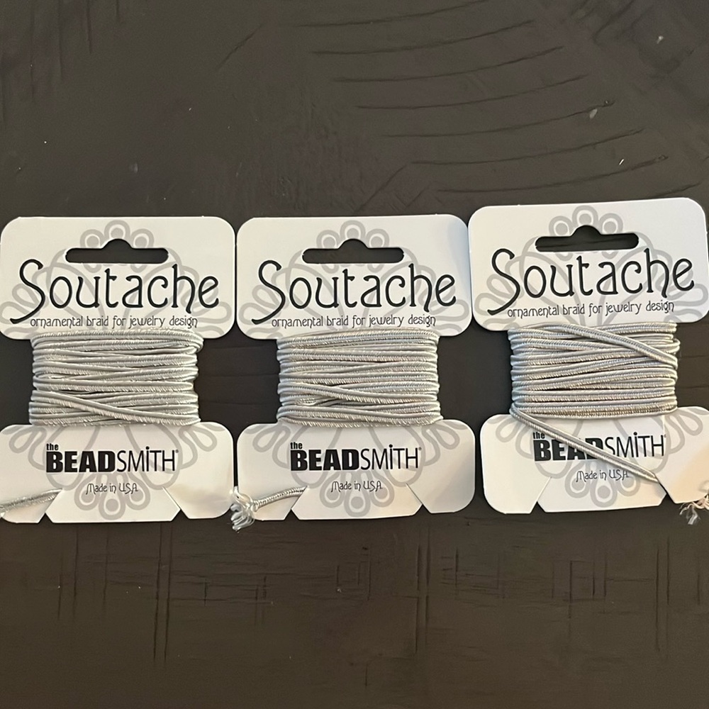 THREE Soutache ornamental braid for jewelry design, silver gray, the beadsmith